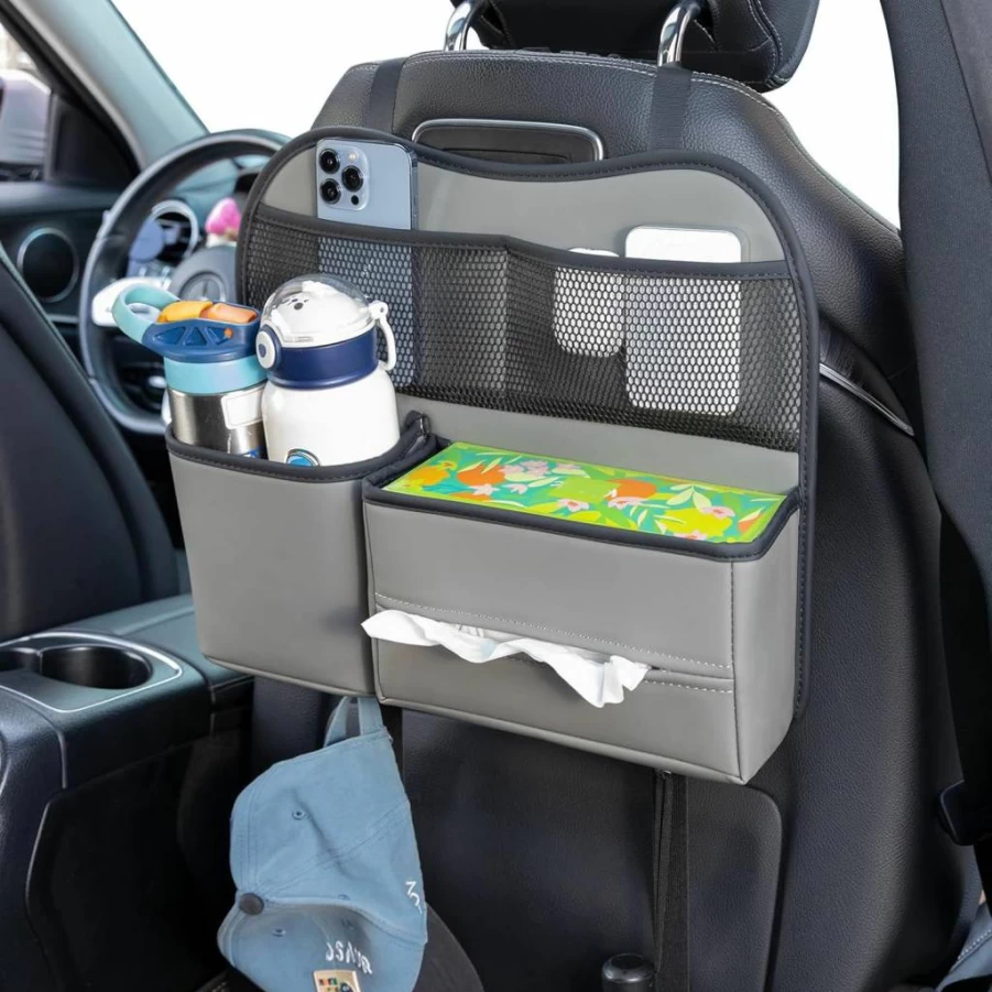 Sancaral PU Leather Car Seat Back Organizer – Large Capacity Storage with Headrest Tissue Holder, Water Bottle Pocket, Hooks & Phone Pocket, Grey