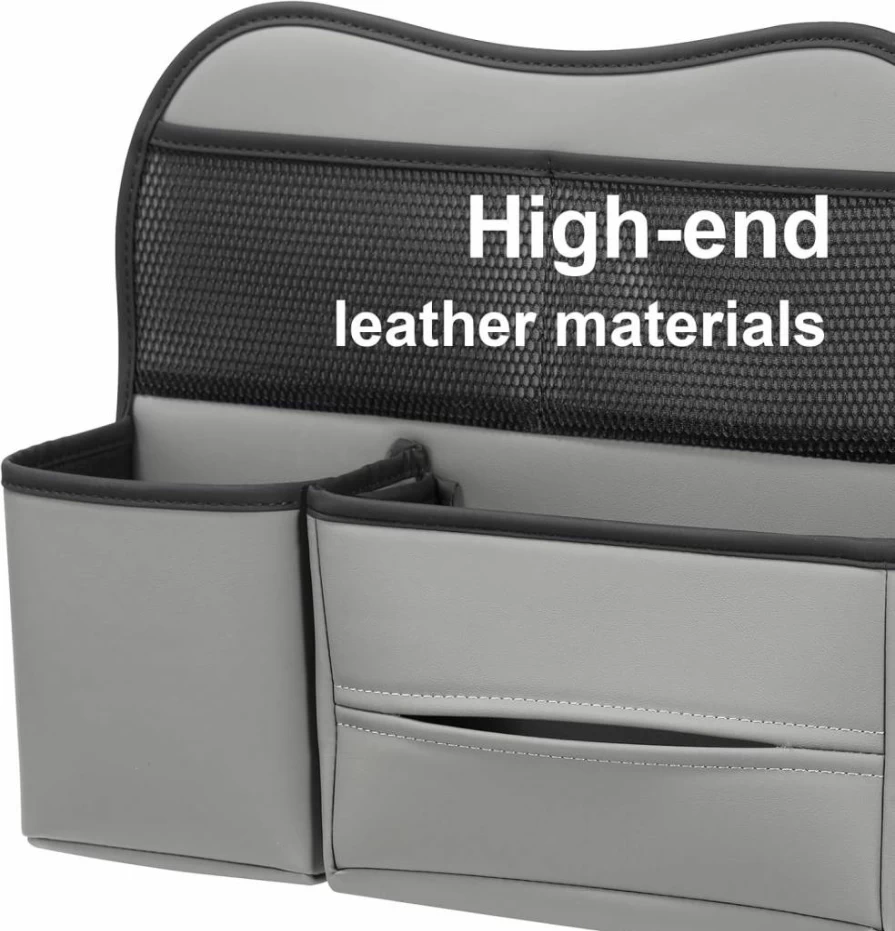 Sancaral PU Leather Car Seat Back Organizer – Large Capacity Storage with Headrest Tissue Holder, Water Bottle Pocket, Hooks & Phone Pocket, Grey