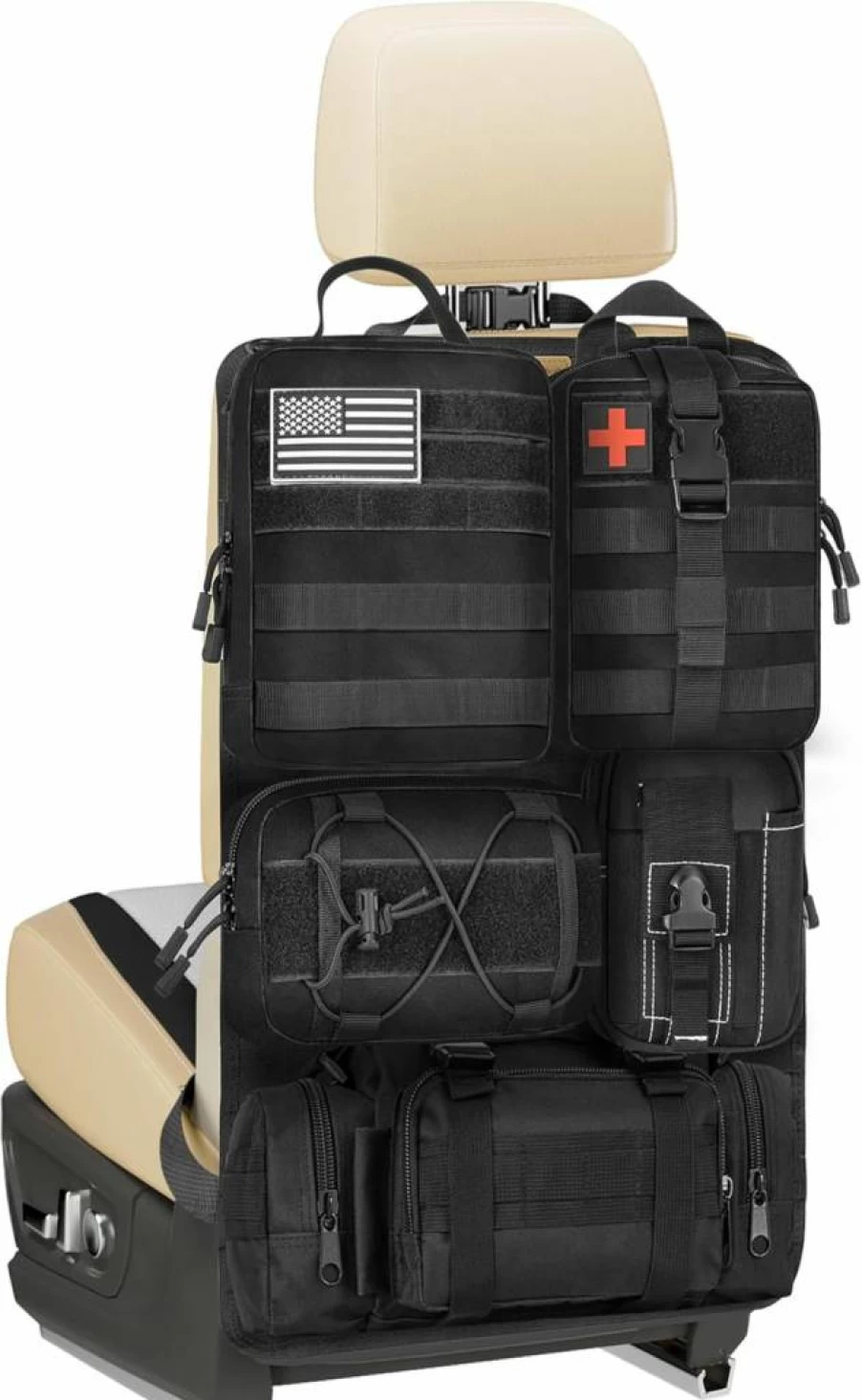SURDOCA Tactical Car Seat Organizer - 5 Detachable MOLLE Pouches, 1000D Oxford Storage Panel for SUV Truck, Modular EDC Gear Holder with Hook & Loop Patches