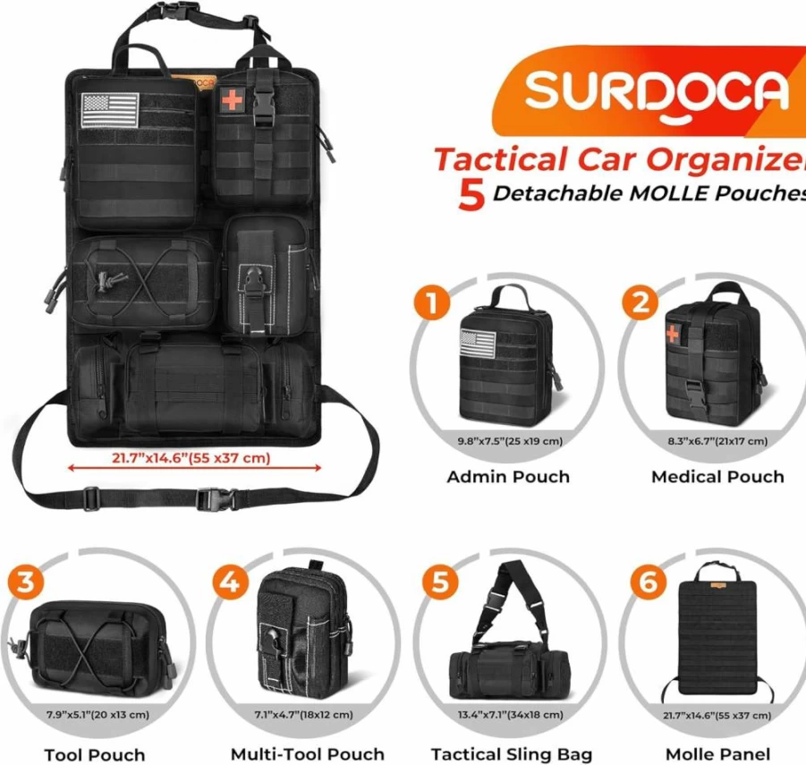 SURDOCA Tactical Car Seat Organizer - 5 Detachable MOLLE Pouches, 1000D Oxford Storage Panel for SUV Truck, Modular EDC Gear Holder with Hook & Loop Patches
