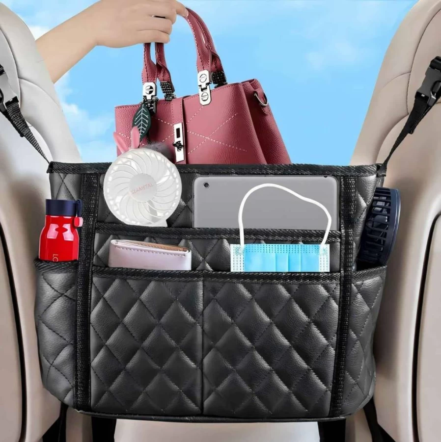 SEAMETAL Car Purse Organizer with 8 Pockets - Premium PU Leather Handbag Holder for Front Seat Gap Storage Between Seats