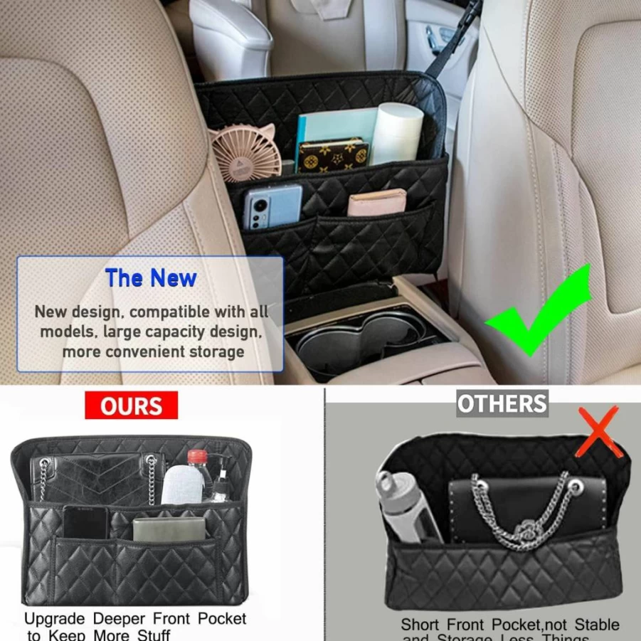 SEAMETAL Car Purse Organizer with 8 Pockets - Premium PU Leather Handbag Holder for Front Seat Gap Storage Between Seats