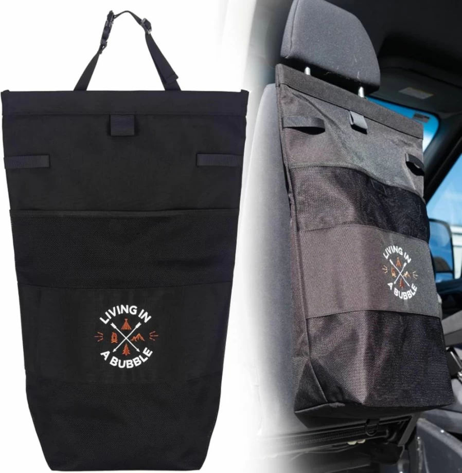 Living in a Bubble Car Seat Organizer with Magnetic Toiletry Bag & Multi-Pockets - Premium Backseat Storage for Campervans & Vehicles - Grey
