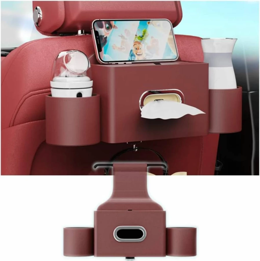 K LAKEY Leather Car Seat Back Organizer - Multi-Functional Headrest Storage with 2 Cup Holders, Tissue Box Case & Hook for Family Travel, Kids Accessories (Black)