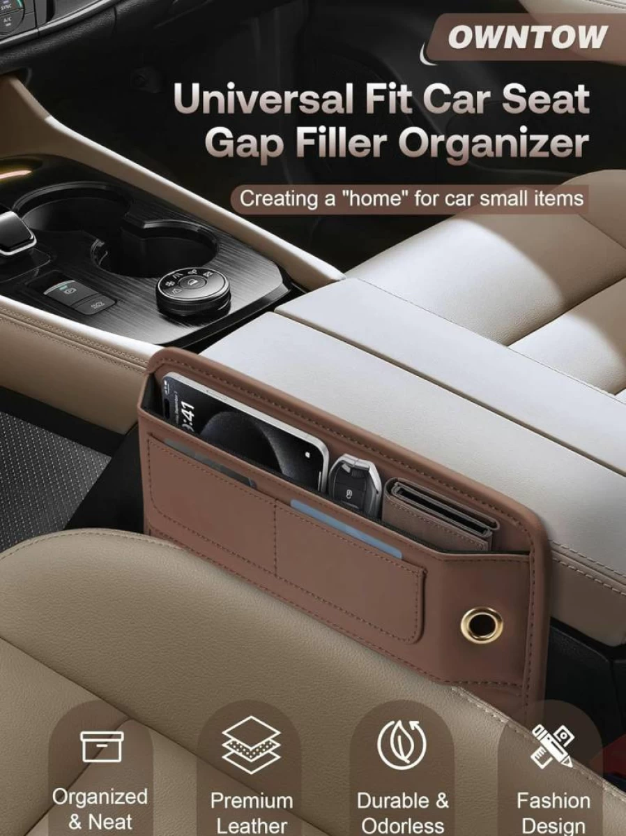 Owntow 2-Pack Black Premium Leather Car Seat Gap Organizer with Card Slots - Universal Fit for SUV, Truck & Auto Center Console Storage