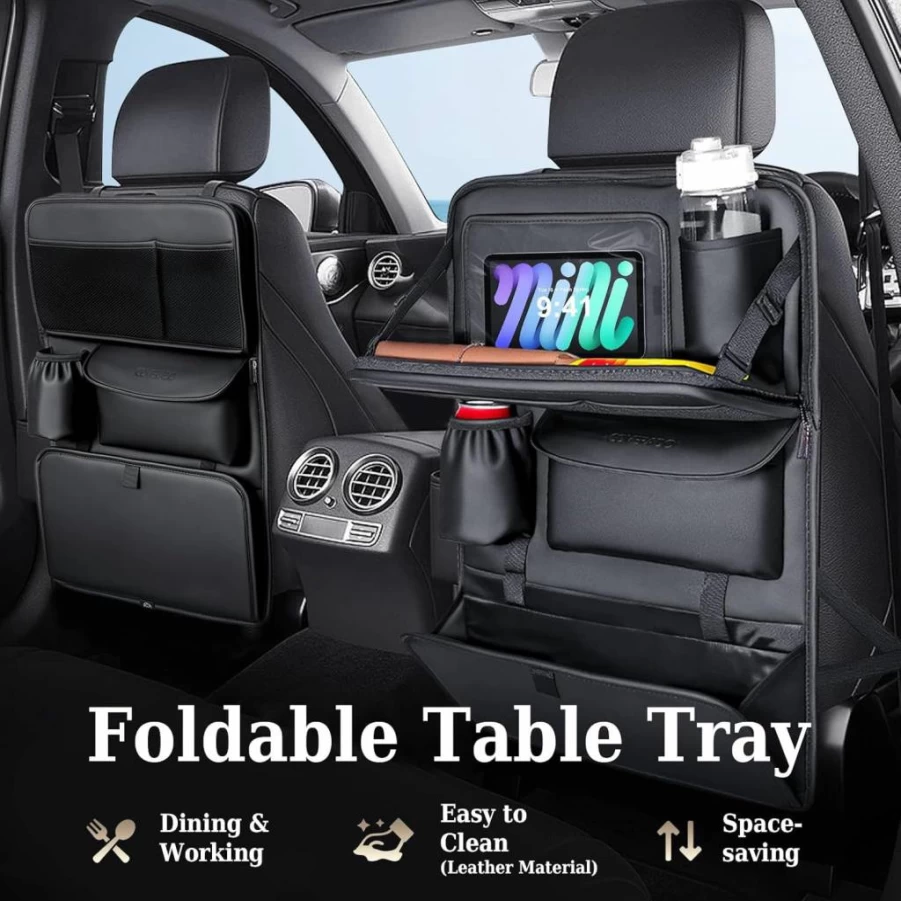 Coverado Premium Car Backseat Organizer with Tablet Holder, Foldable Tray, Kick Mats Protector & Storage Pockets – Nappa Leather Vehicle Accessory (1-Pack)