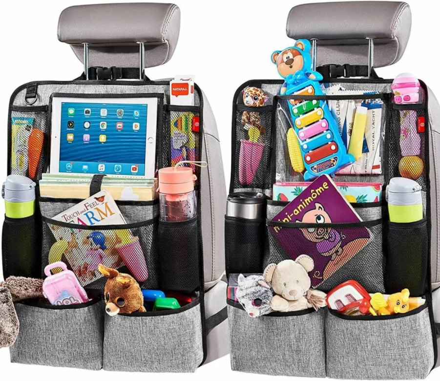 Helteko Back Seat Car Organizer for Kids - 2 Pack Black Kick Mats with 9 Storage Pockets & Tablet Holder, Durable Backseat Protector and Travel Accessories