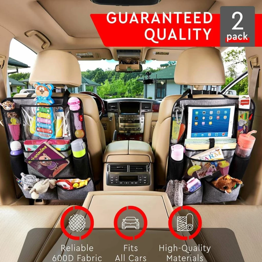 Helteko Back Seat Car Organizer for Kids - 2 Pack Black Kick Mats with 9 Storage Pockets & Tablet Holder, Durable Backseat Protector and Travel Accessories
