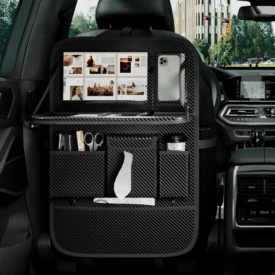 GMQ Foldable Car Backseat Organizer with Tablet Holder & Storage Tray - Grey Plain Weave Auto Accessory