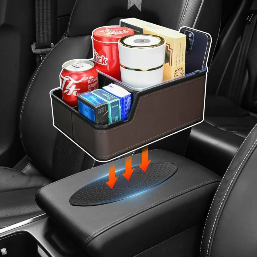 KEKETUOHAI Car Seat Organizer with Cup Holders & Phone Holder - Universal Center Console Storage Box for Cars, Trucks & SUVs (Black)