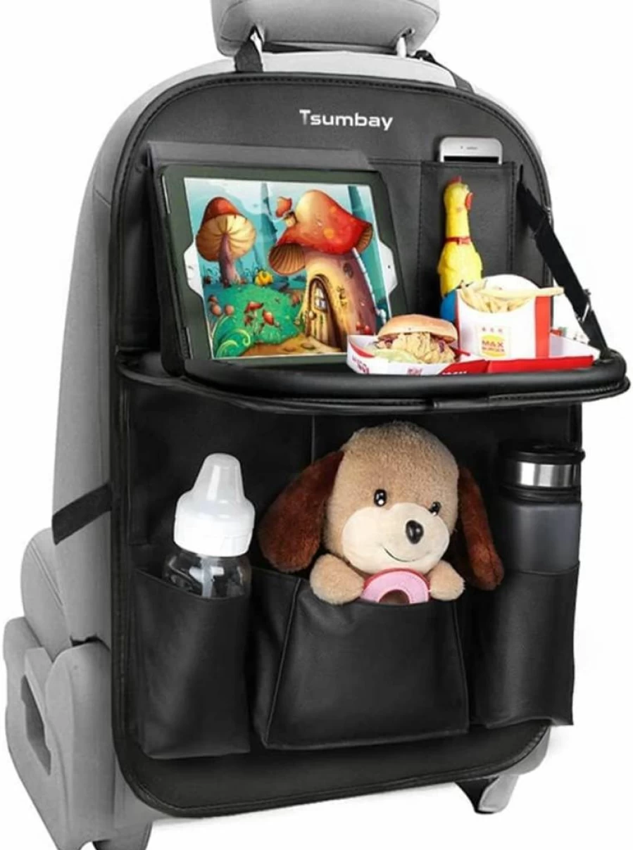 Tsumbay Car Seat Organizer with Tablet Holder - 9-Pocket Foldable Backseat Storage, PU Leather Kick Mat & Table Tray for Backseat Protection (Black, 1 Pack)