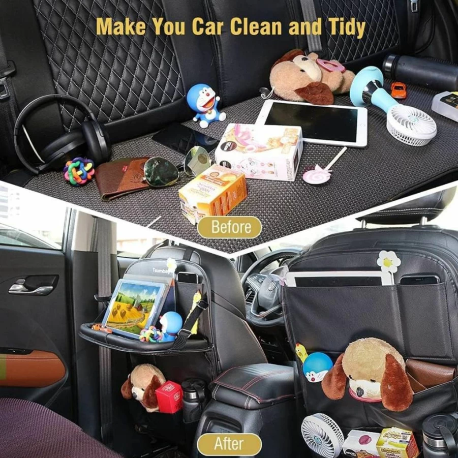 Tsumbay Car Seat Organizer with Tablet Holder - 9-Pocket Foldable Backseat Storage, PU Leather Kick Mat & Table Tray for Backseat Protection (Black, 1 Pack)