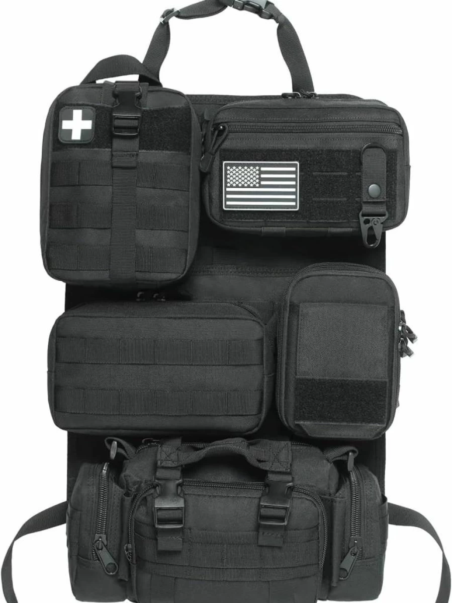 Katadem 6 Pack Tactical Molle Car Seat Organizer with 5 Detachable Pouches, US Flag Patch & Keychain - Heavy Duty Vehicle Storage for Truck, Jeep, Ford & Off-Road Accessories