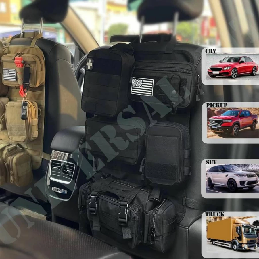 Katadem 6 Pack Tactical Molle Car Seat Organizer with 5 Detachable Pouches, US Flag Patch & Keychain - Heavy Duty Vehicle Storage for Truck, Jeep, Ford & Off-Road Accessories