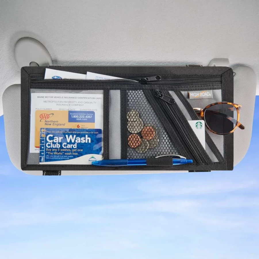 High Road Car Visor Organizer with Zippered Pockets, Sunglasses Holder & Clear Document Pockets - Universal Fit for Cars, SUVs, Trucks