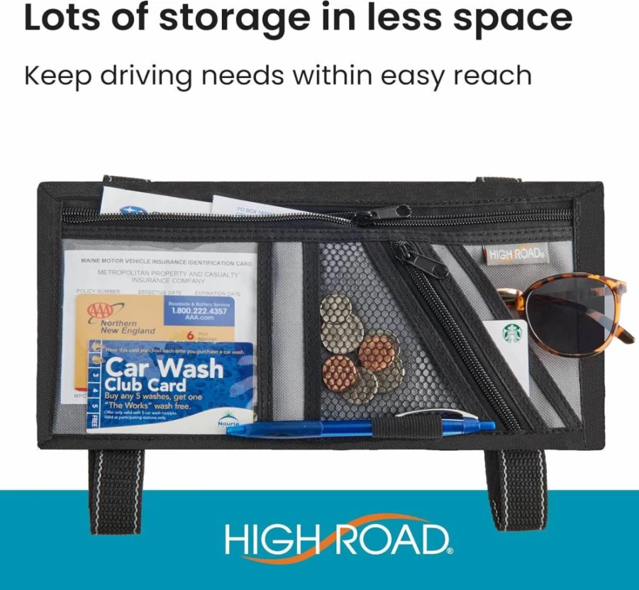High Road Car Visor Organizer with Zippered Pockets, Sunglasses Holder & Clear Document Pockets - Universal Fit for Cars, SUVs, Trucks