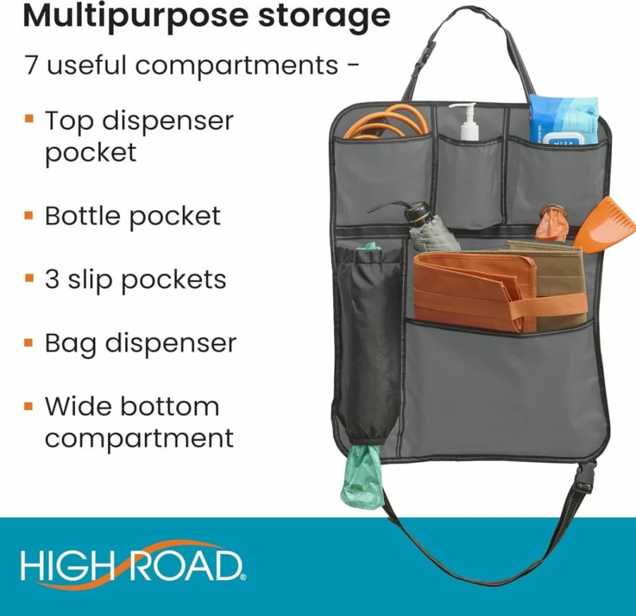 High Road Back Seat Organizer with Storage Pockets - Car Seat Protector for SUV, Truck & Van - Includes Bag Dispensers & Backpockets