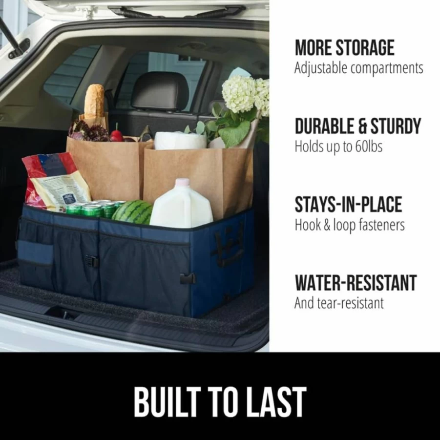 GORILLA GRIP Heavy-Duty Car Trunk Organizer with Multiple Compartments, Water-Resistant Collapsible Storage Box for SUV, Sedan & Vehicle Accessories, Large Capacity, Black