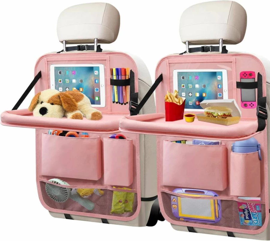 Etre Jeune Car Backseat Organizer with Tablet Holder - 6-Pocket Foldable Tray, Seat Protector & Kick Mat, Travel Storage Solution, 2-Pack Black