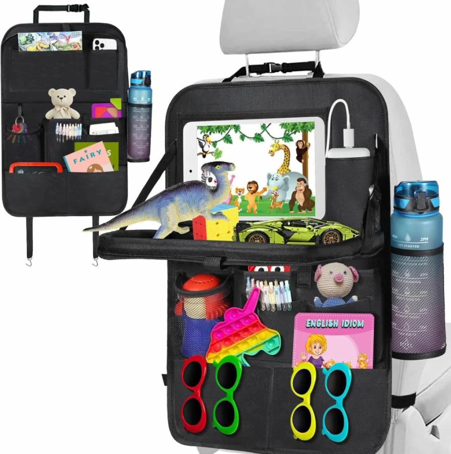 LUUGUYI Car Back Seat Organizer with Foldable Table Tray, Tablet Holder & 11 Pockets - 2 Pack Kick Mats for Kids, Back Seat Protector & Car Travel Accessories