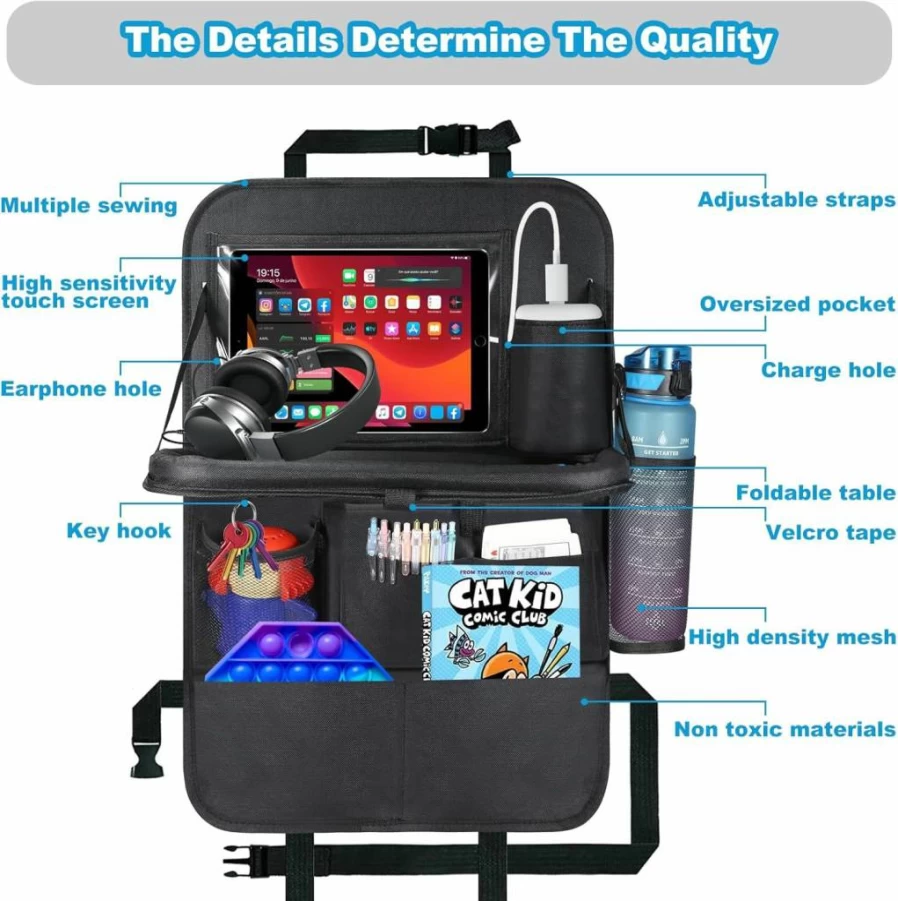 LUUGUYI Car Back Seat Organizer with Foldable Table Tray, Tablet Holder & 11 Pockets - 2 Pack Kick Mats for Kids, Back Seat Protector & Car Travel Accessories