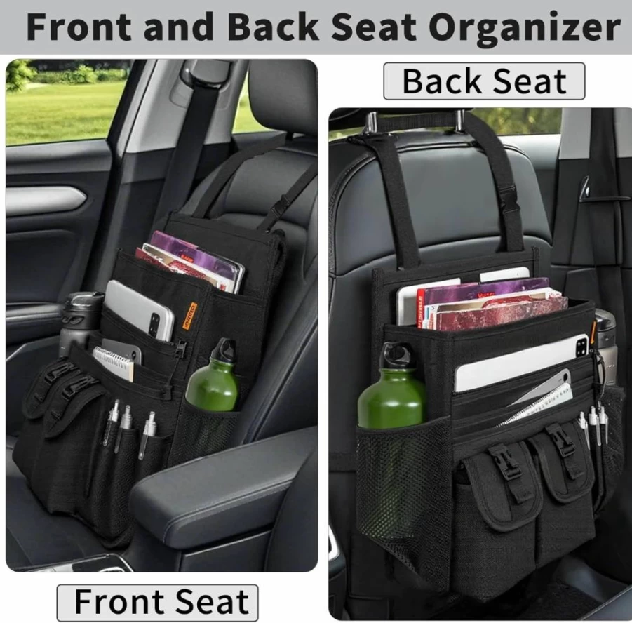 FREEAMG Car Seat Organizer with Tablet Holder, Adjustable Shoulder Strap & Cup Holders - Backseat Storage for Truck, Police, Patrol & Passenger Vehicles