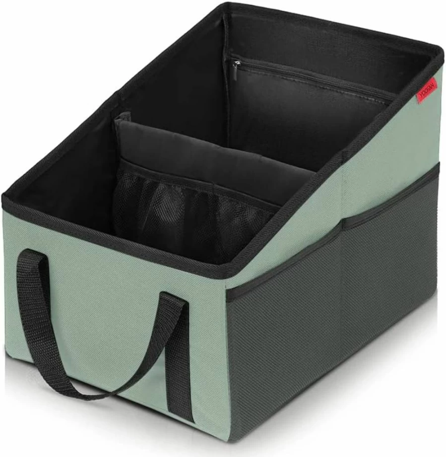 YOOFAN Collapsible Car Seat Organizer with 4 Cup Holders, Storage Pouch for Front & Back Seats, Kids Accessories, Automotive Seat Back Organizer with Belt