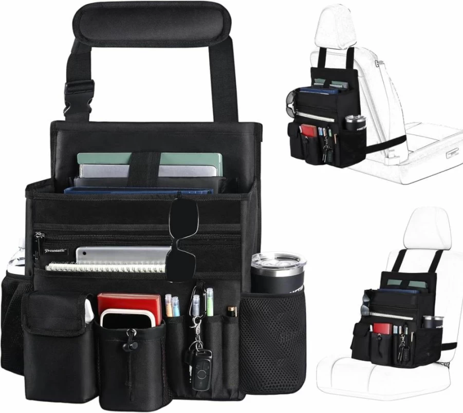 Presentastic Car Seat Organizer with Large Storage & Multiple Pockets - Adjustable Strap Fits Trucks, Vans & Vehicles - Mobile Office Solution for Front & Back Seats