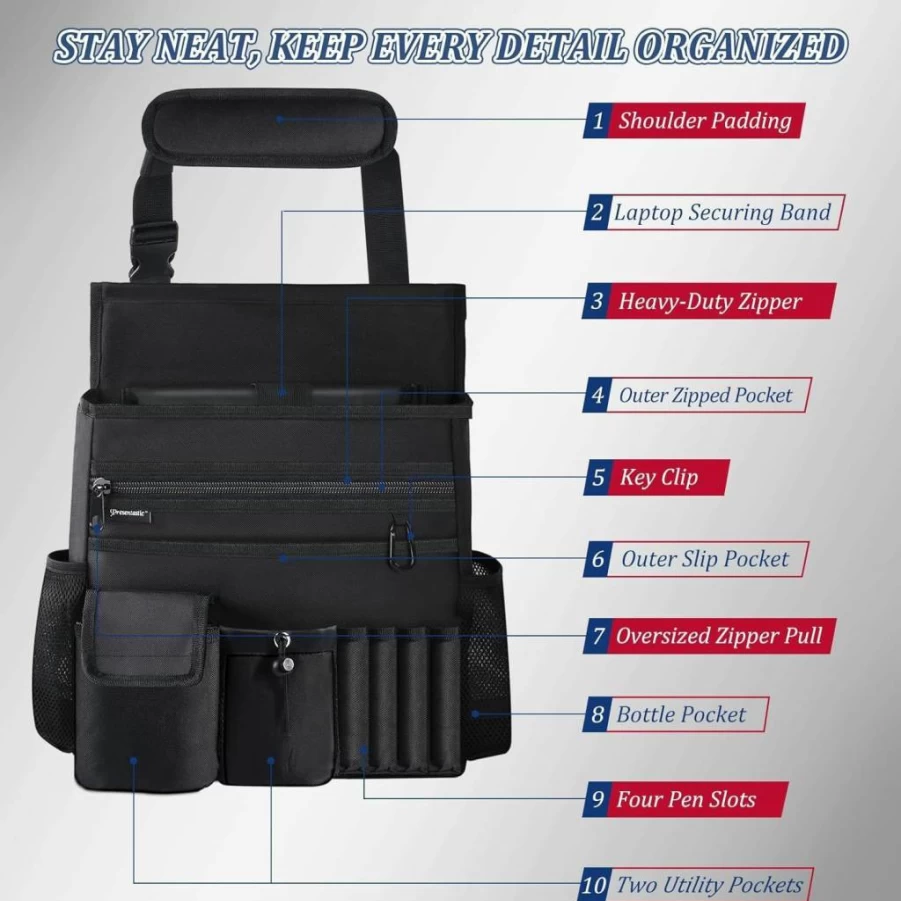 Presentastic Car Seat Organizer with Large Storage & Multiple Pockets - Adjustable Strap Fits Trucks, Vans & Vehicles - Mobile Office Solution for Front & Back Seats