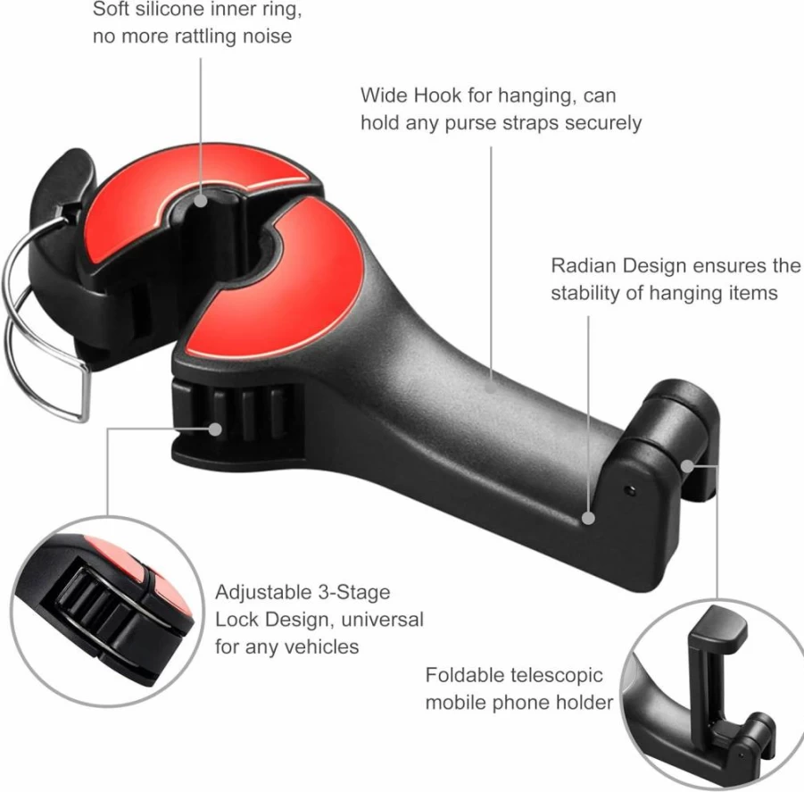 Jupswan 2-in-1 Car Seat Hook for Purses, Bags & Phone Holder - Universal Fit, Anti-Slip & Noise-Free Headrest Hanger Organizer