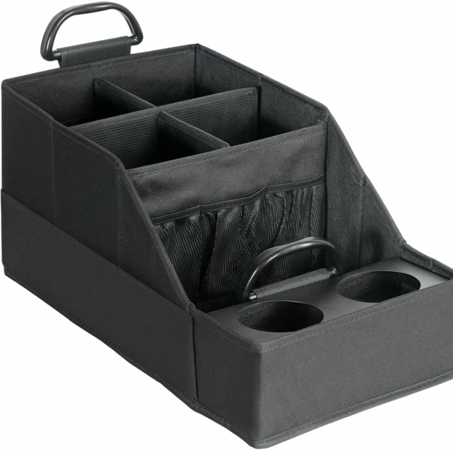 FLYBOX Car Seat Organizer with 12 Storage Pockets & 2 Metal Cup Holders - Backseat Storage for Truck, Van, SUV - Universal Fit Between Seats - Durable Black Fabric