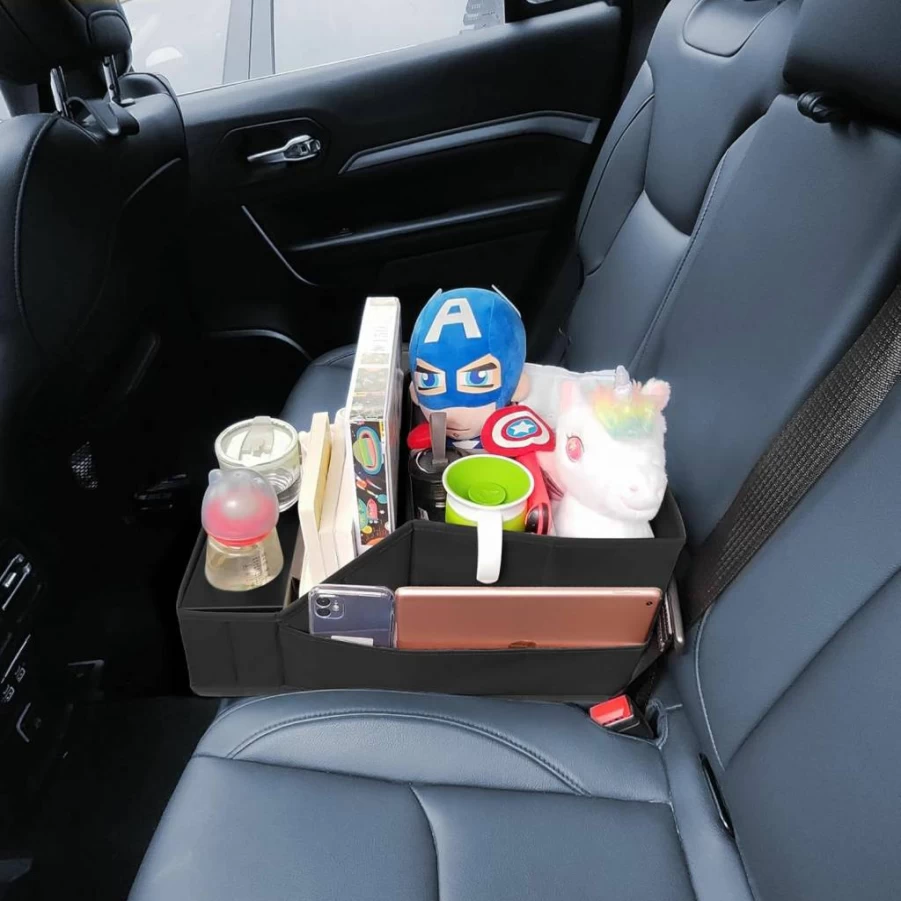 FLYBOX Car Seat Organizer with 12 Storage Pockets & 2 Metal Cup Holders - Backseat Storage for Truck, Van, SUV - Universal Fit Between Seats - Durable Black Fabric