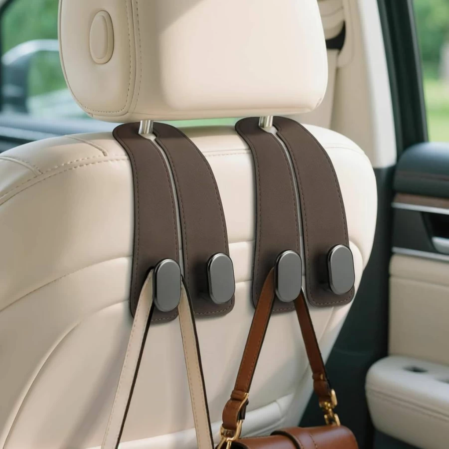 Fitnice 2 Pack Universal Car Seat Headrest Hooks - Heavy Duty Leather Purse Holder for Handbags, Grocery Bags, Phones & Bottles, Double Metal Hooks Car Accessories
