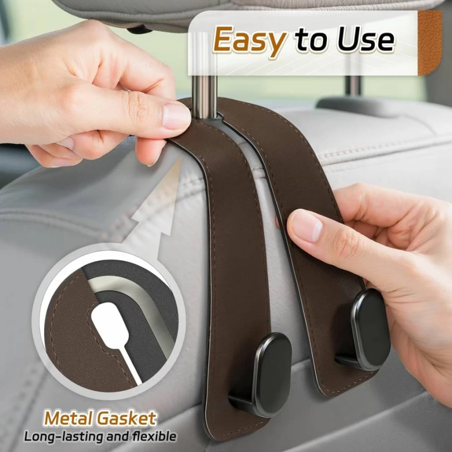 Fitnice 2 Pack Universal Car Seat Headrest Hooks - Heavy Duty Leather Purse Holder for Handbags, Grocery Bags, Phones & Bottles, Double Metal Hooks Car Accessories