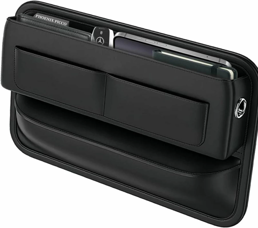 PHOENIX PICCO Premium Black Universal Car Seat Gap Organizer - Leather Storage Box for SUV & Truck, Center Console Accessory for Men & Women