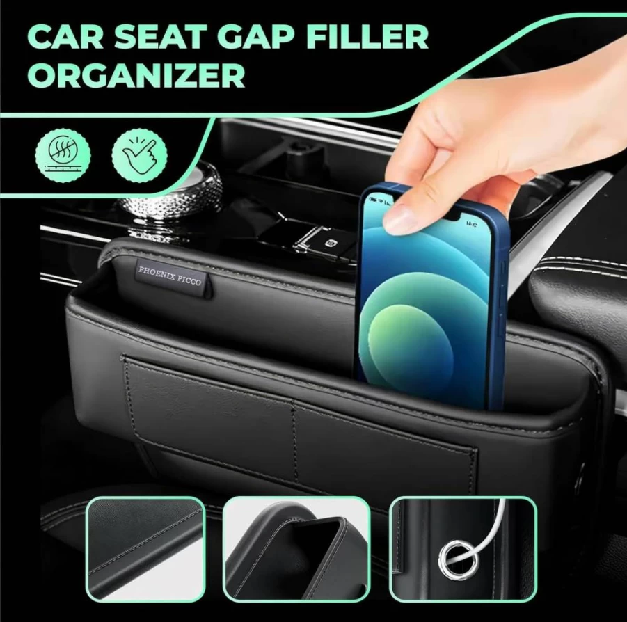 PHOENIX PICCO Premium Black Universal Car Seat Gap Organizer - Leather Storage Box for SUV & Truck, Center Console Accessory for Men & Women