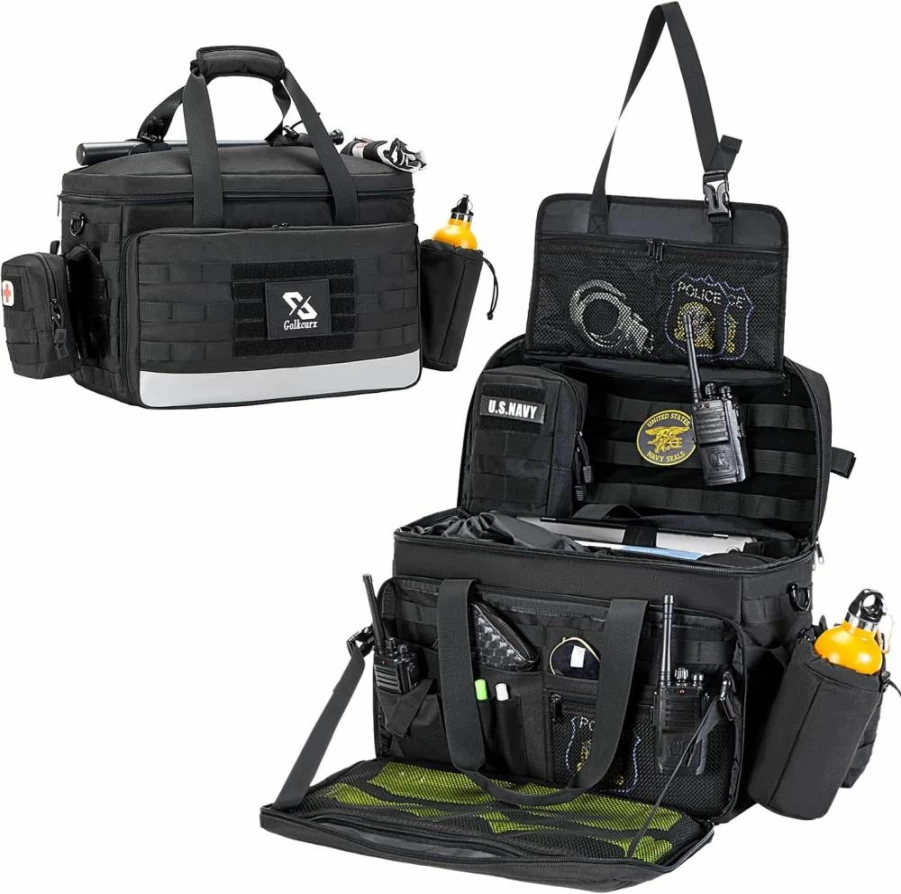Golkcurx Tactical Police Patrol Bag - MOLLE Vehicle Seat Organizer with Cup Holders for Law Enforcement Gear Storage