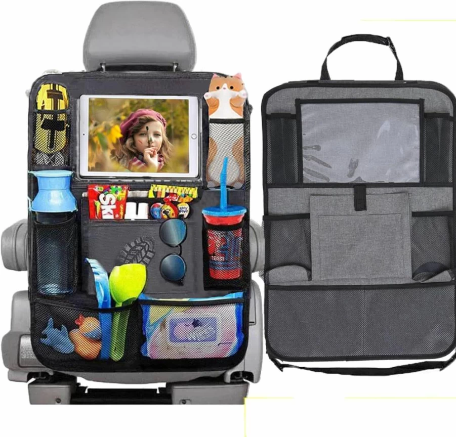 Slivery Color Backseat Car Organizer with Thick Padding & Car Seat Protector – 1 Pack Travel Accessories Bundle