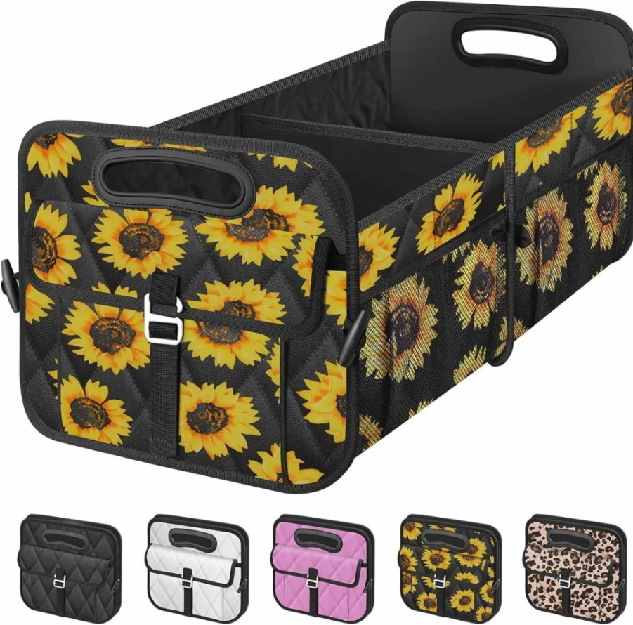 Olosar Collapsible Car Trunk Organizer - Portable Storage for SUV, Mini-Van, Sedan - Foldable Auto Accessories for Women & Men - Sunflower Design