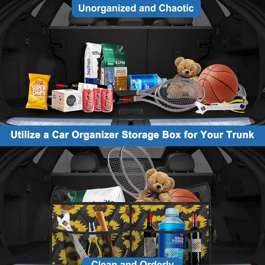 Olosar Collapsible Car Trunk Organizer - Portable Storage for SUV, Mini-Van, Sedan - Foldable Auto Accessories for Women & Men - Sunflower Design