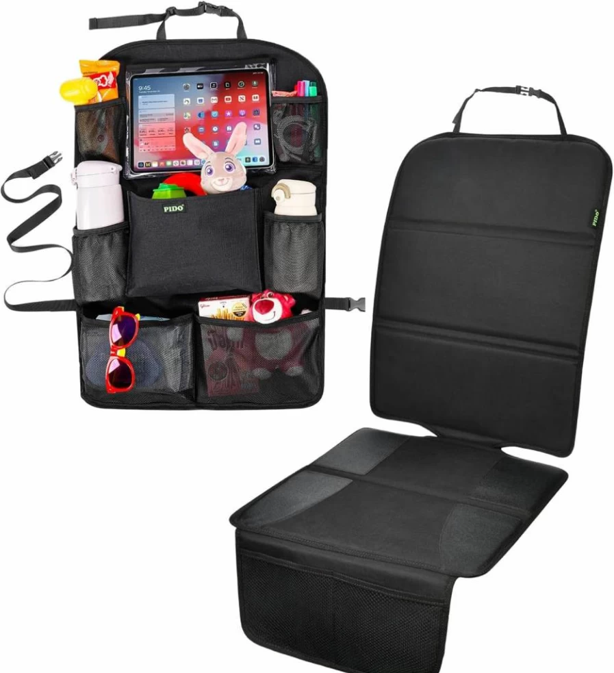 PIDO Waterproof Car Seat Back Organizer with Tablet Holder, Kick Mat Protector & Storage Pockets for Vehicle Interior - Black