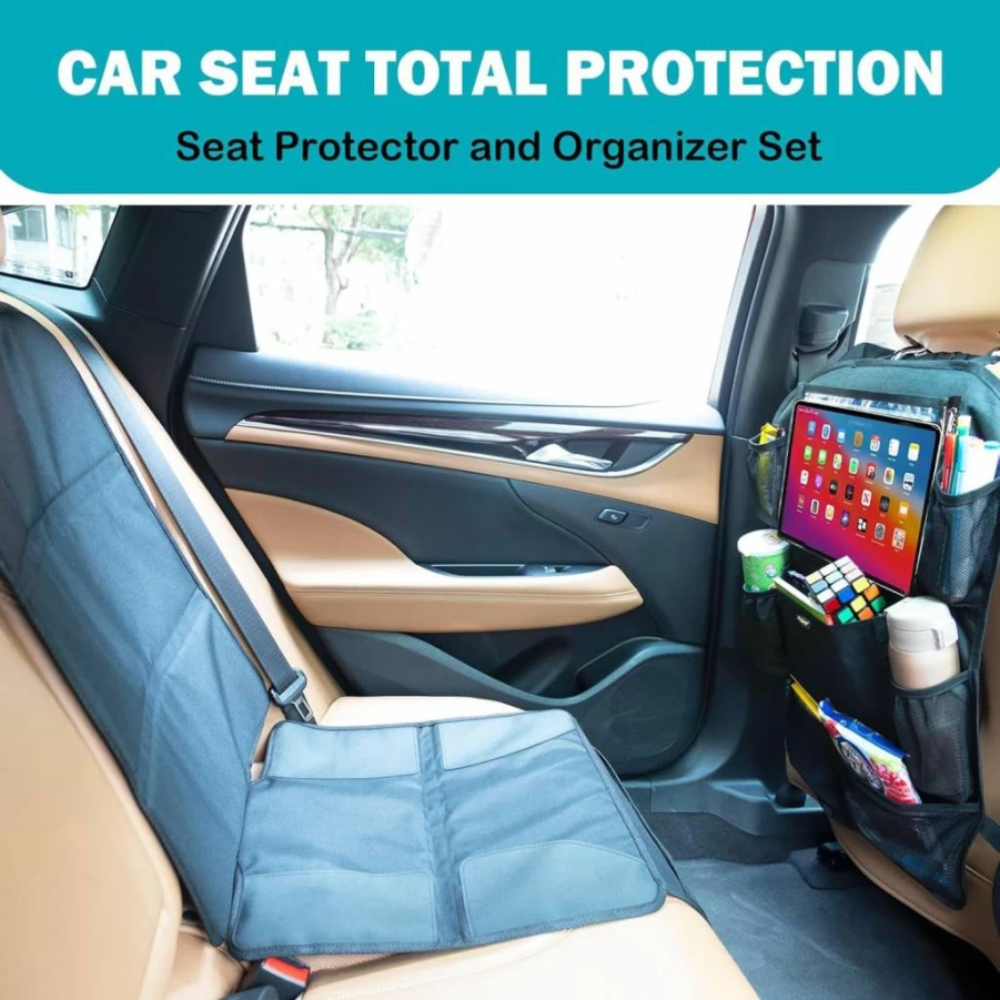 PIDO Waterproof Car Seat Back Organizer with Tablet Holder, Kick Mat Protector & Storage Pockets for Vehicle Interior - Black