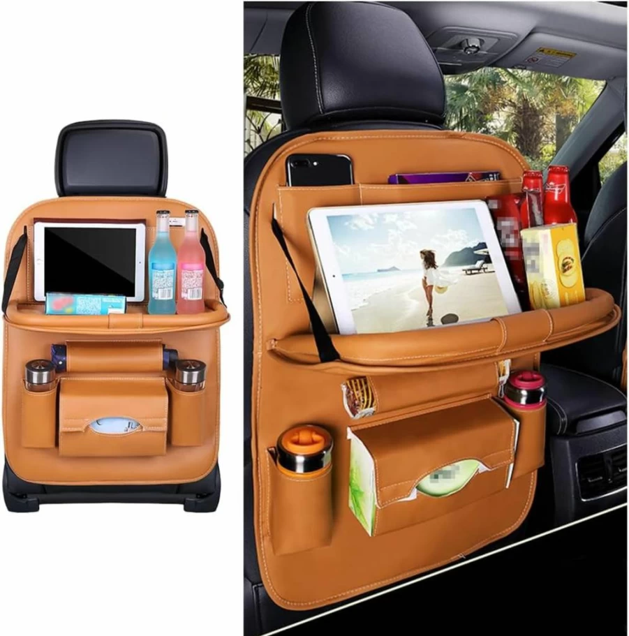 Sandfren Leather Car Seat Back Organizer with Foldable Table Tray, Universal Vehicle Seatback Storage Pocket & Backseat Protector, Wine Red Automotive Accessories