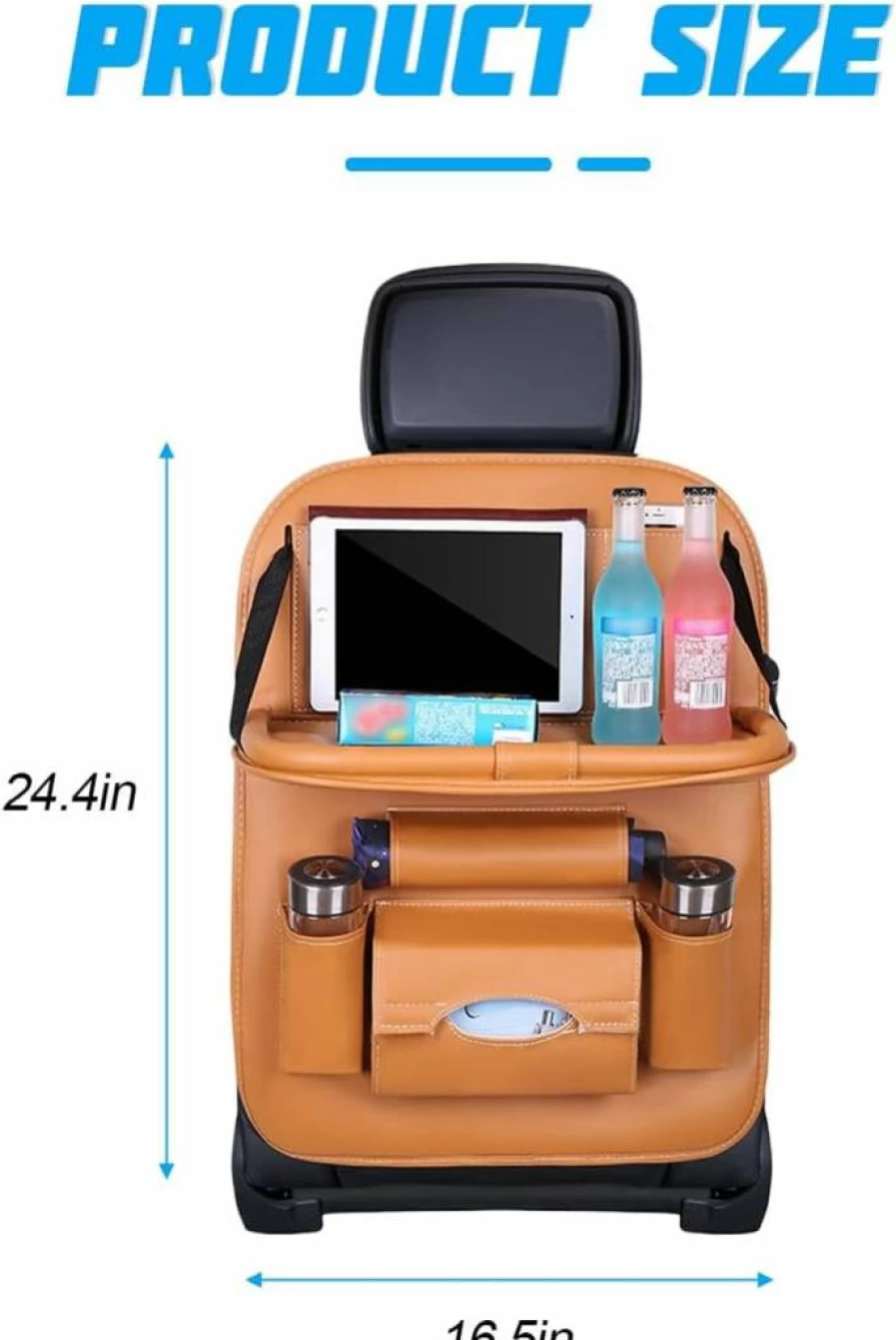 Sandfren Leather Car Seat Back Organizer with Foldable Table Tray, Universal Vehicle Seatback Storage Pocket & Backseat Protector, Wine Red Automotive Accessories