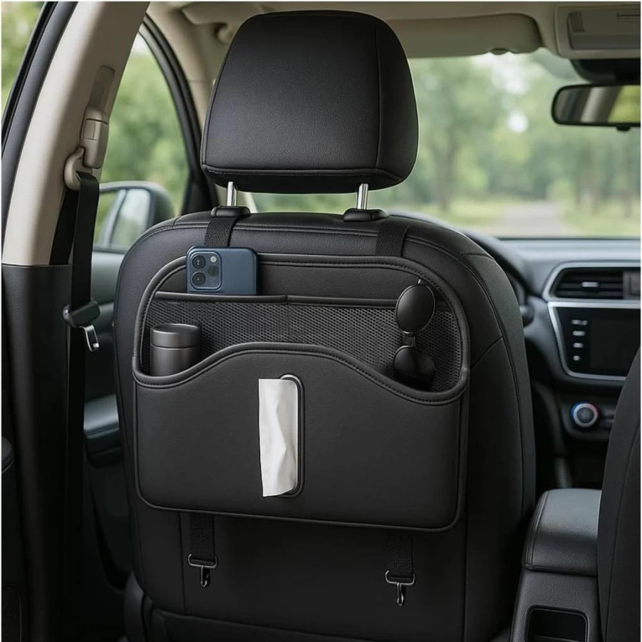 Sandfren Universal Car Headrest Tissue Holder - Multifunctional Back Seat Organizer with Storage Pocket, Hanging Hook for Tissue Box, Auto Interior Accessories