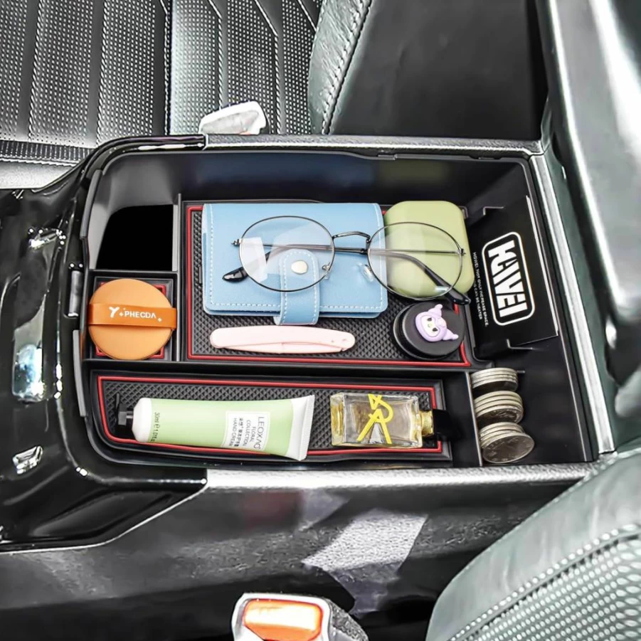 HGWEI Center Console Organizer Tray for Kia Telluride 2020-2025 - Black Armrest Storage Box with Coin Holder & Dividers