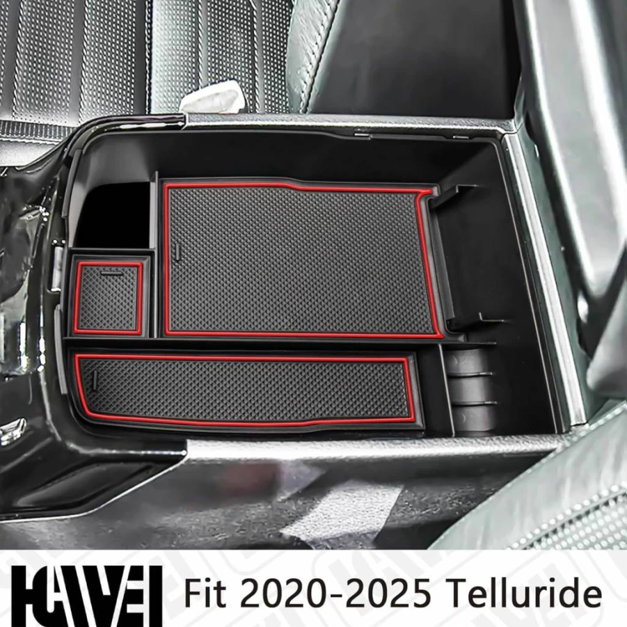 HGWEI Center Console Organizer Tray for Kia Telluride 2020-2025 - Black Armrest Storage Box with Coin Holder & Dividers