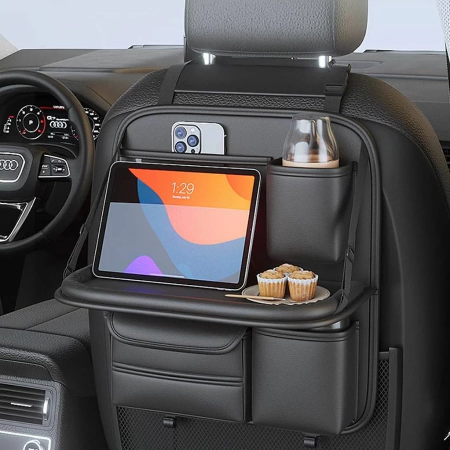 DURASIKO Premium PU Leather Car Backseat Organizer with Foldable Table Tray, Seat Back Protector, Phone Holder for Most Vehicles