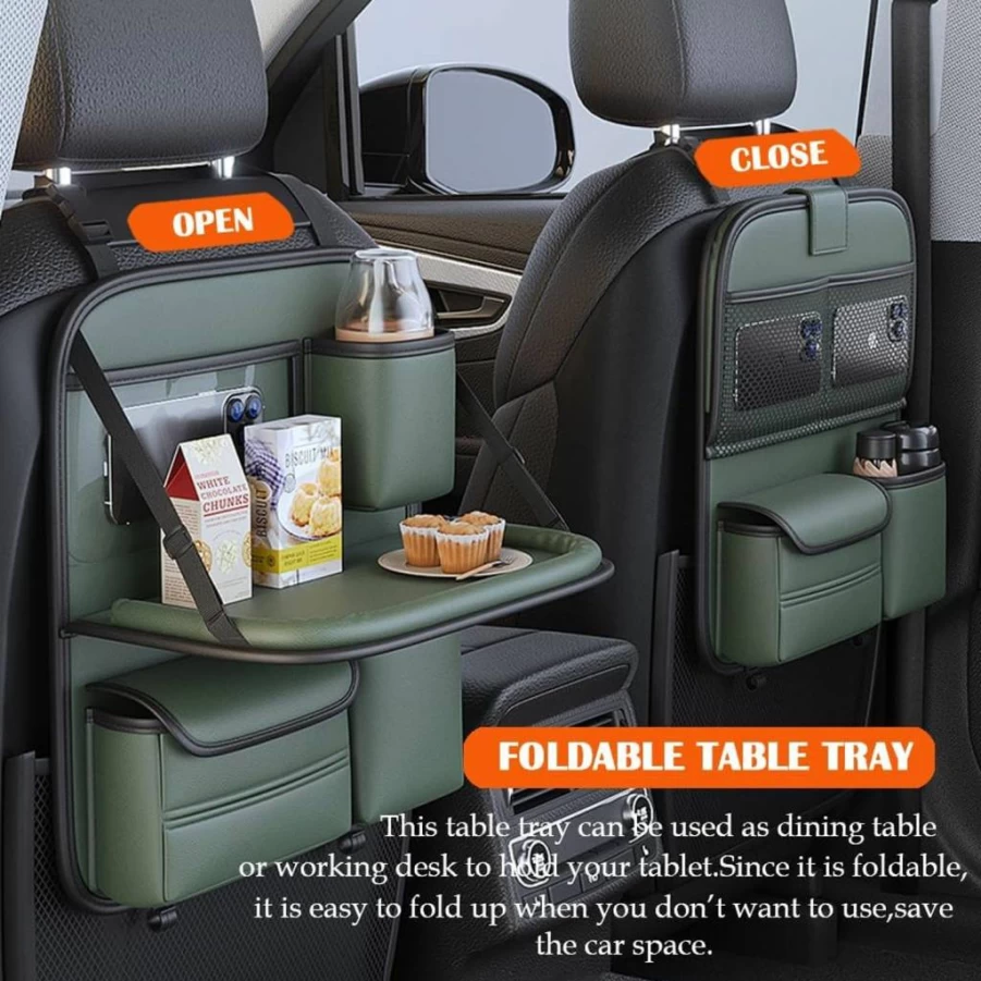 DURASIKO Premium PU Leather Car Backseat Organizer with Foldable Table Tray, Seat Back Protector, Phone Holder for Most Vehicles
