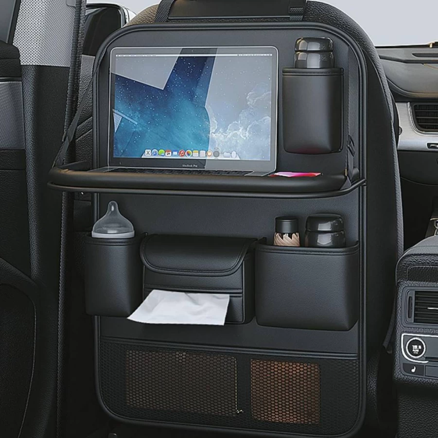 RAKSONIC Backseat Car Organizer with 5 Storage Pockets, Foldable Food Tray & Kick Mats - Durable Car Seat Back Protector & Travel Accessories